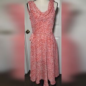 JBS Women’s Coral White Abstract Print Cowl Neck Tie Waist Dress Size 6